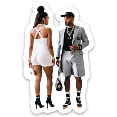 Man living his dream standing in the master bedroom of a mansion. He’s boo’d up with a pretty Brownskin big booty woman wearing a Chanel outfit with her holding a Chanel bag. The man has on a Fear of God Essentials outfit wearing designer socks. The man isn’t holding a bag sticker