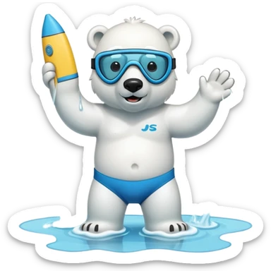 friendly anthropomorphised polar bear standing in a puddle of water, wearing board shorts, scuba mask over eyes with snorkel tube sticker