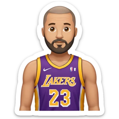 mature male portrait with beard and buzz cut and a lakers jersey sticker