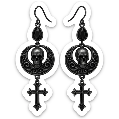 goth earrings, black and silver, edgy, dark fashion, intricate details sticker