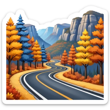 An asphalt road through the blue mountains and autumn colored trees sticker