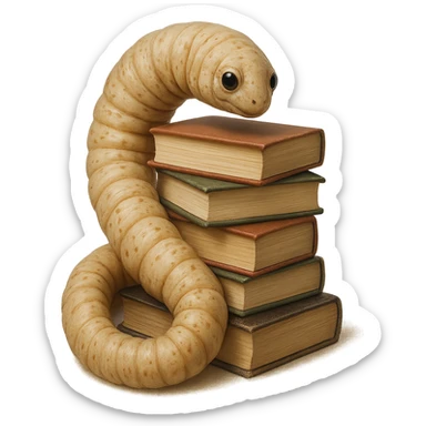 a realistic bookworm curled around a stack of books, natural colors sticker