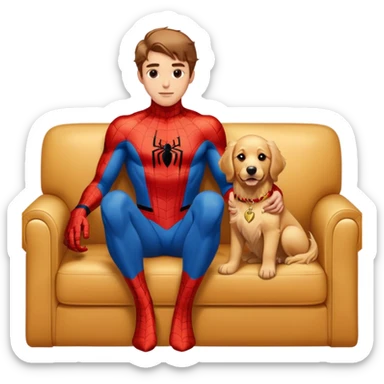 Spider-Man sitting on the couch with his Golden Retriever next to him sticker