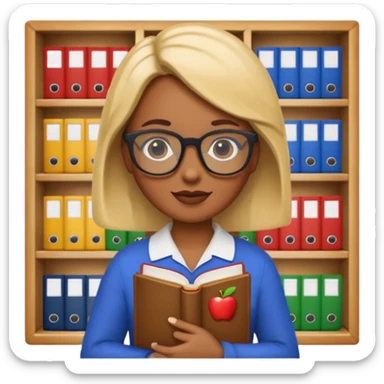 Google search character as a librarian emoji with glasses, kind expression, book and library details, apple emoji style sticker