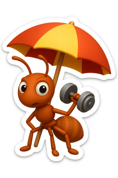 EMOJI STILE IPHONE 3D DI una formica che si allena sotto l'ombrellone in spiaggia con un manubrio da palestra in mano, fagli anche la parte bianca degli occhi, non solo la pupilla sticker
