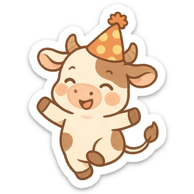 a playful cow with a polka dot birthday hat sticker