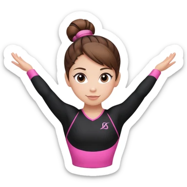 A female gymnast with brown hair in a neat bun, wearing a black uniform with pink elements. sticker