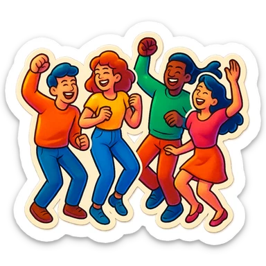 group of friends laughing and dancing, representing Friday fun sticker