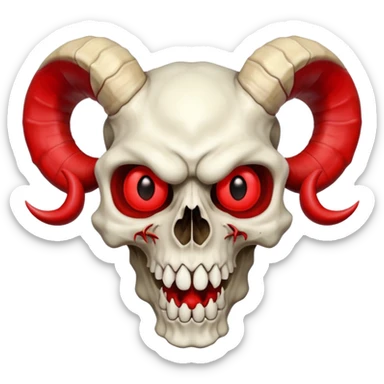 ram-horned skull with red eyes and a wide, exaggerated mouth, cartoonish, bold, expressive, fully inside image borders sticker