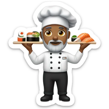 Chef with a gray beard and a black baseball hat rolling sushi sticker