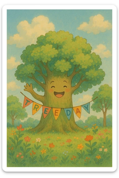 árbol celebrando el Día del Árbol, colores suaves, ambiente alegre sticker
