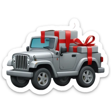 un emoji avec un sapin de noel et au pied un cadeau avec une jeep gris sticker