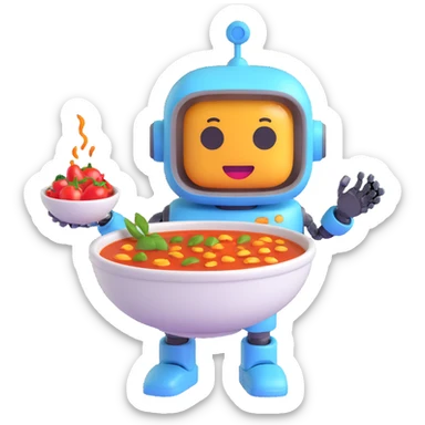 AI emoji, robot holding a bowl of malatang, spicy broth with glowing ingredients, cute and modern sticker