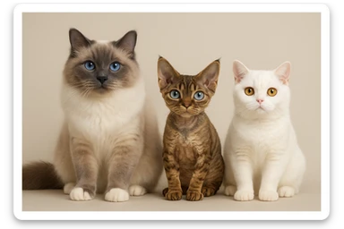 Three cats in a row: a large blue point Birman male with blue eyes on the left, a small brown tabby Devon Rex female with pale blue eyes in the middle, and a small white British Shorthair female with yellow eyes on the right. sticker