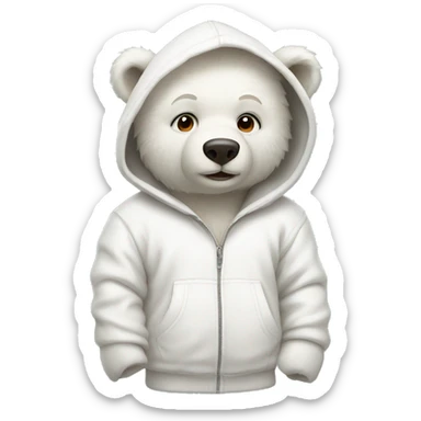 A white bear cub dressed in a white hoodie sticker