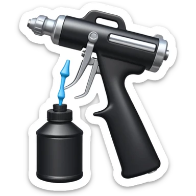 Black paint spray gun with white bottle under it sticker