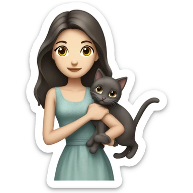 Beautiful skinny woman long dark brown hair in dress hug grey cat sticker