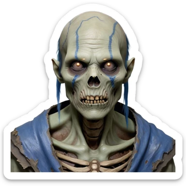 Cinematic Realistic WoW undead friendly zombie Portrait, depicted with decayed yet noble features, his weathered, pallid skin etched with ghostly blue veins and ancient scars. Clad in modest, tattered attire in muted browns and greys that remain consistently rugged, his hollow eyes burn with determined defiance. Rendered with lifelike texture and dramatic natural lighting, high shine, noble and resilient, capturing the stoic spirit of an undead veteran of Azeroth. sticker