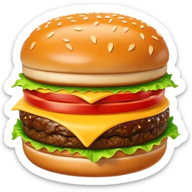 A cute 3D emoji-style burger with glossy finish, shiny bun with sesame seeds, melted cheese, fresh lettuce, smooth cartoon design, soft lighting, clean background, high-quality modern emoji look. sticker