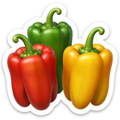 group of three bell peppers red yellow and green plump glossy distinct lobes standing side by side curved stems natural shine soft lighting subtle shadows emoji scale sticker