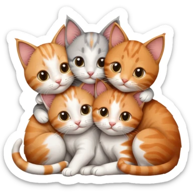 3 kittens cuddling together all different colours, the first one is grey and white, the second is ginger and white and the third is brown tabby and white sticker