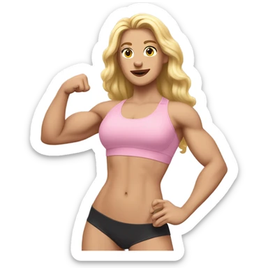 White woman, long hair, blonde hair, wavy hair, baby pink sports bra, flexing right arm sticker