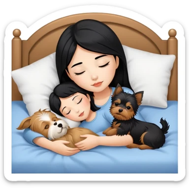 pretty asian girl with black hair sleeping in bed with small yorkshire terrier sticker