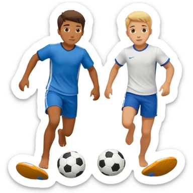 Two boys playing soccer at the beach no shirts. sticker