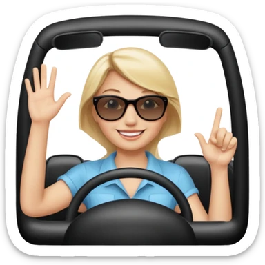 blonde woman driving car. one hand up Happy face confidence sticker