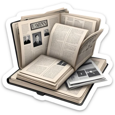 Icon for Non-Fiction & Narrative Reading: an open book with black-and-white photos on the pages, surrounded by a pile of newspaper clippings, and an open folder with top-secret documents. The icon should reflect the blend of real stories and facts in non-fiction literature. Transparent background. sticker