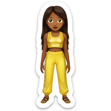 Chilli from TLC with long dark brown hair, yellow sequin crop top and pants, dark skin  sticker