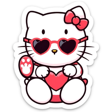 Hello kitty with heart shaped sunglasses with her little finger paw in her mouth bitting it sticker