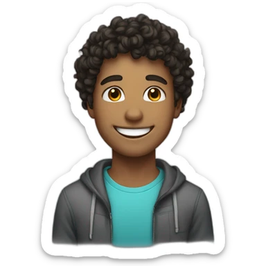 of a young man with a bright smile, showcasing his teeth, with fair skin and short, extremely curly dark hair. sticker