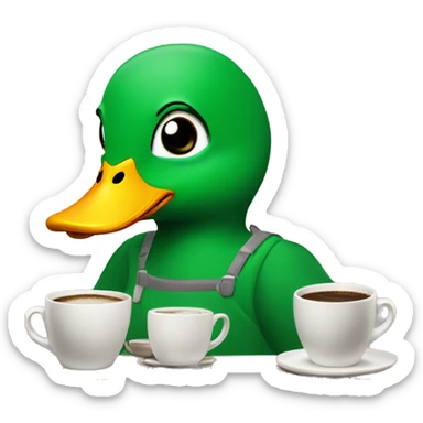 withe duck with a forelock with green eyes and green sweatshirt, making coffee sticker