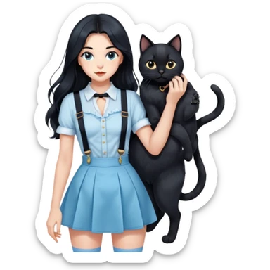 A sexy girl with long hair wearing a light blue suspender skirt holding a black cat sticker
