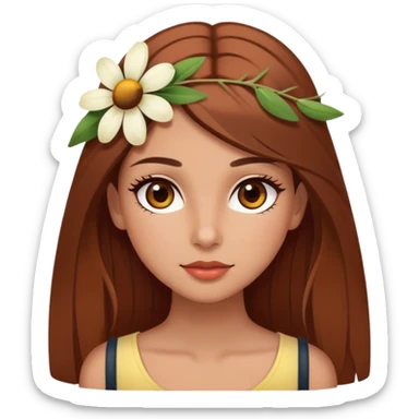 pretty girl with olive skin, hazel eyes and long lashes, has brown hair with a bit red undertone, hair is long and straight, and she’s in summer style, with one flower on her head sticker