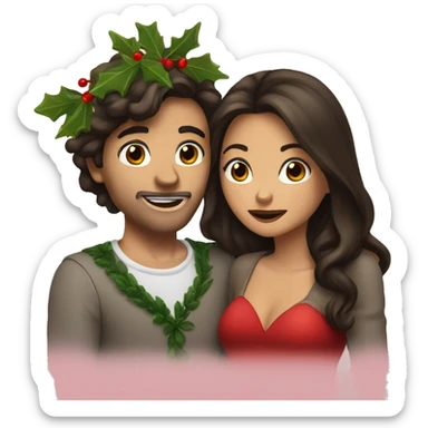 Brunette couple mistletoe kiss sticker