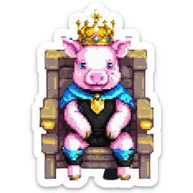 ultra-minimal pixel art pig with a golden crown sitting on a throne, blocky and square like Minecraft, inspired by Technoblade sticker