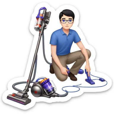 Man with black hair and blue eyes with glasses using Dyson gen5 on the floor sticker