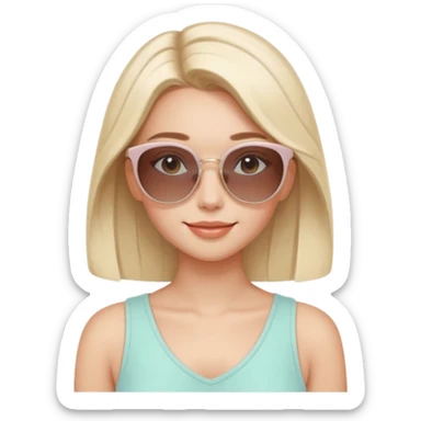 Clean girl influencer character, chest-up portrait, minimal aesthetic, natural glowing skin, soft confident smile, sleek hair, neutral pastel outfit, wearing trendy sunglasses on head, subtle beauty accessories, stylish hair clip, calm luxury vibe, clean modern illustration style sticker