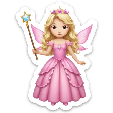 Detailed long pink princess dress, long blonde wavy hair, pink fairy wings sticker