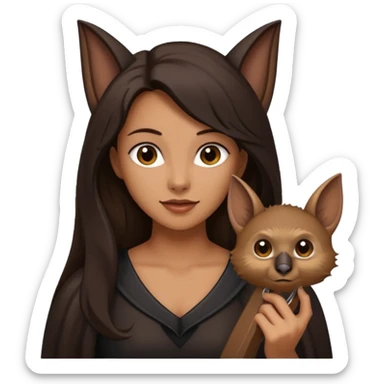 woman with long dark hair holding a horsehoe bat sticker