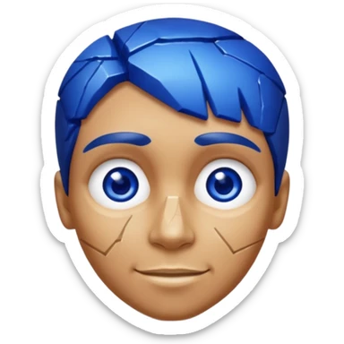 A single sapphire-blue faceted rock head, chunky and worn, with very visible cracks and chipped facets but still shiny, big kind eyes and a confident smile sticker