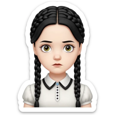 Draw Wednesday Addams with pale skin, black braids, white-collared dress & serious expression. sticker