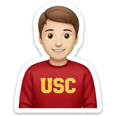 happy pale white man with brown hair in a red sweatshirt with USC in yellow letters sticker