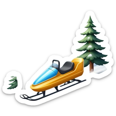 An icon featuring a sleek sled speeding down a snowy hill, with a snowy landscape and pine trees in the background. The motion lines and slight snow spray emphasize the thrill of the ride. Transparent background highlights the excitement and fun of sledding. sticker