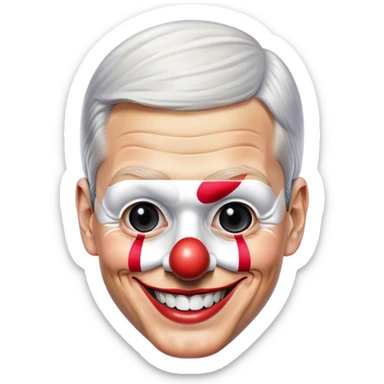 Realistic image of Tim Cook, Apple CEO, with a grin hiding behind a clown mask sticker