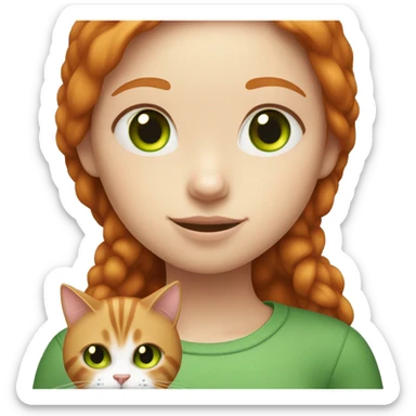 ginger hair girl with green eyes, holding grey fat cat sticker