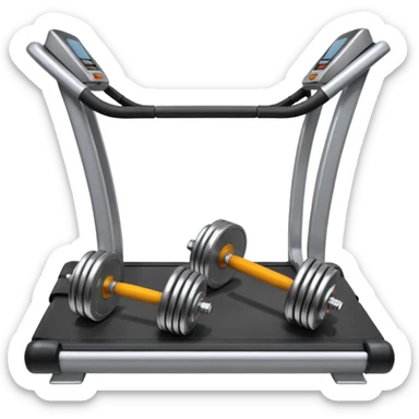 Two heavy dumbbells side by side on the floor in front of a treadmill sticker