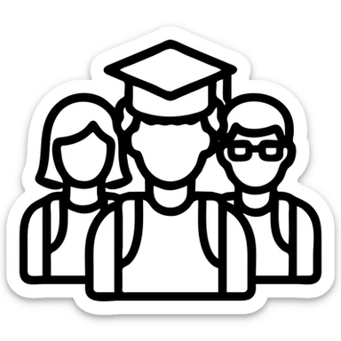 group of diverse students, professional style, thin black outlining, green gold and white color scheme, bold and clear, suitable for digital use sticker